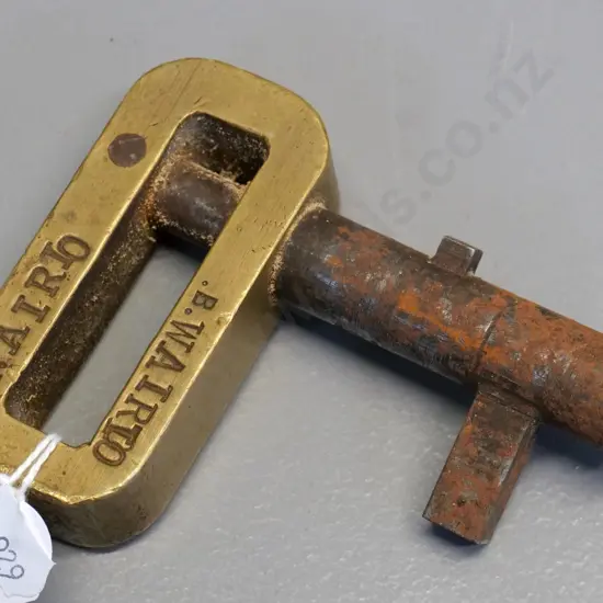 vintage brass and steel railway signal point Wood's key - engraved Wairio & Woods Key N.Z.R. 100 x 75