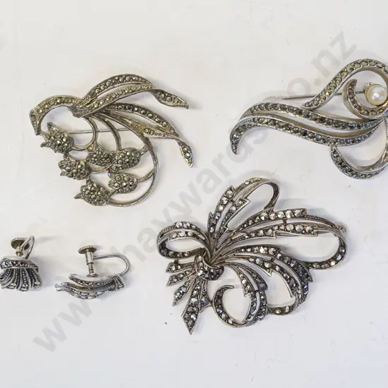 3 marcasite brooches & pair of marcasite earrings [screw on]