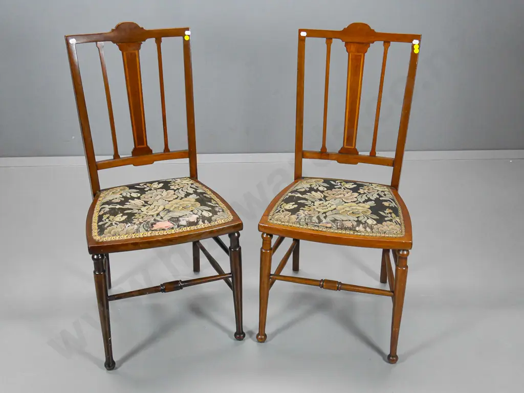 pair of vintage mahogany bedroom chairs with inlay decoration in back, floral tapestry seats H920 W430 D420 Image 1++