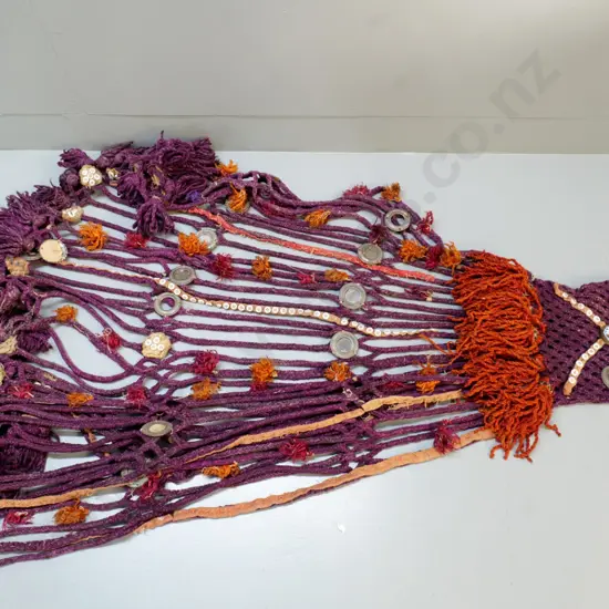 woven fabric camel decoration piece with buttons, shells, beads and metal medallions L-1400