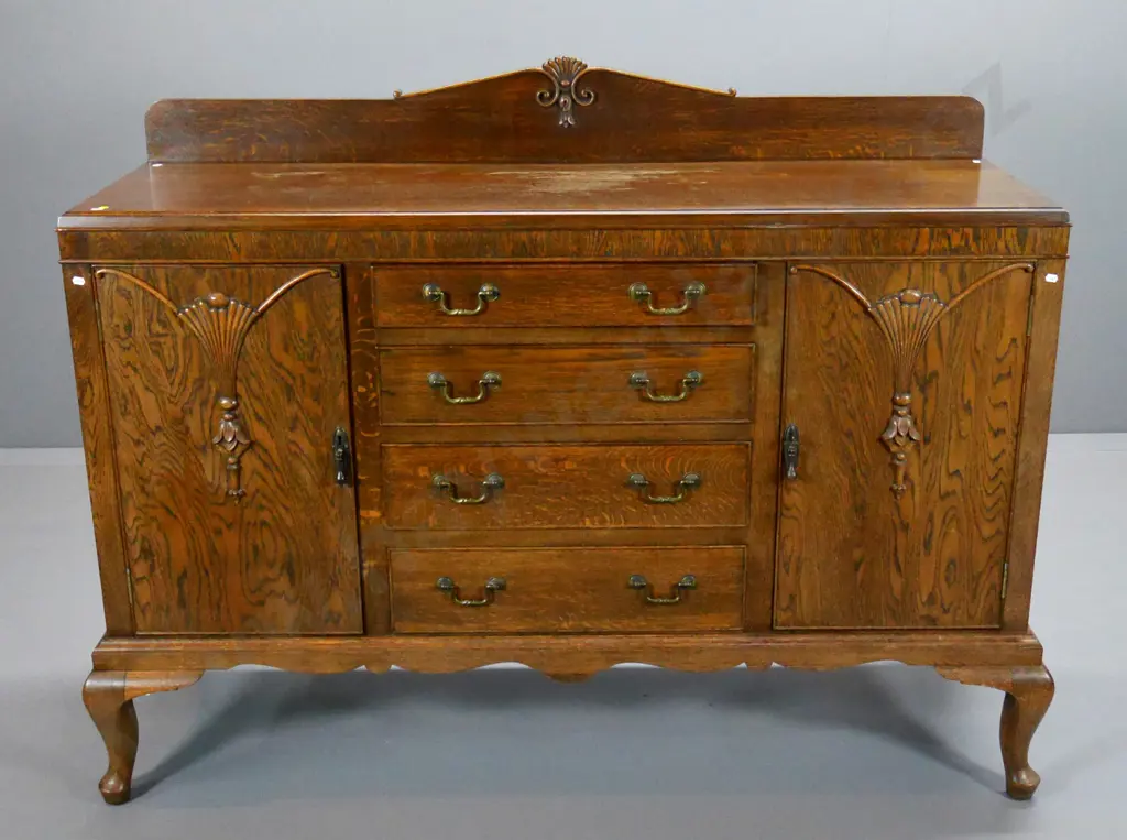 deco oak sideboard w/ carved detail, lockable w/key, 4 drawers, 1 cutlery lined, polish needs attention H1200 W1500 D490 Image 1++