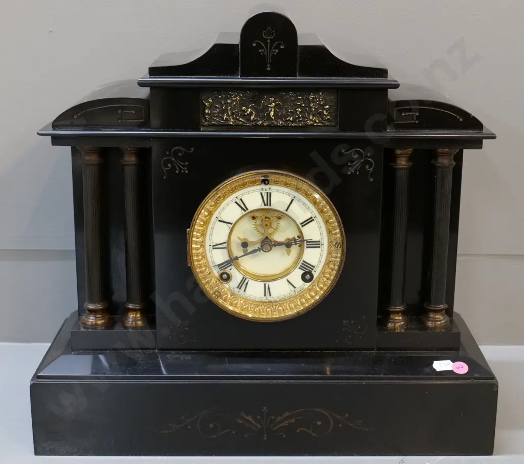 Ansonia slate cased mantel clock with columns H-370 W-390 Image 1++