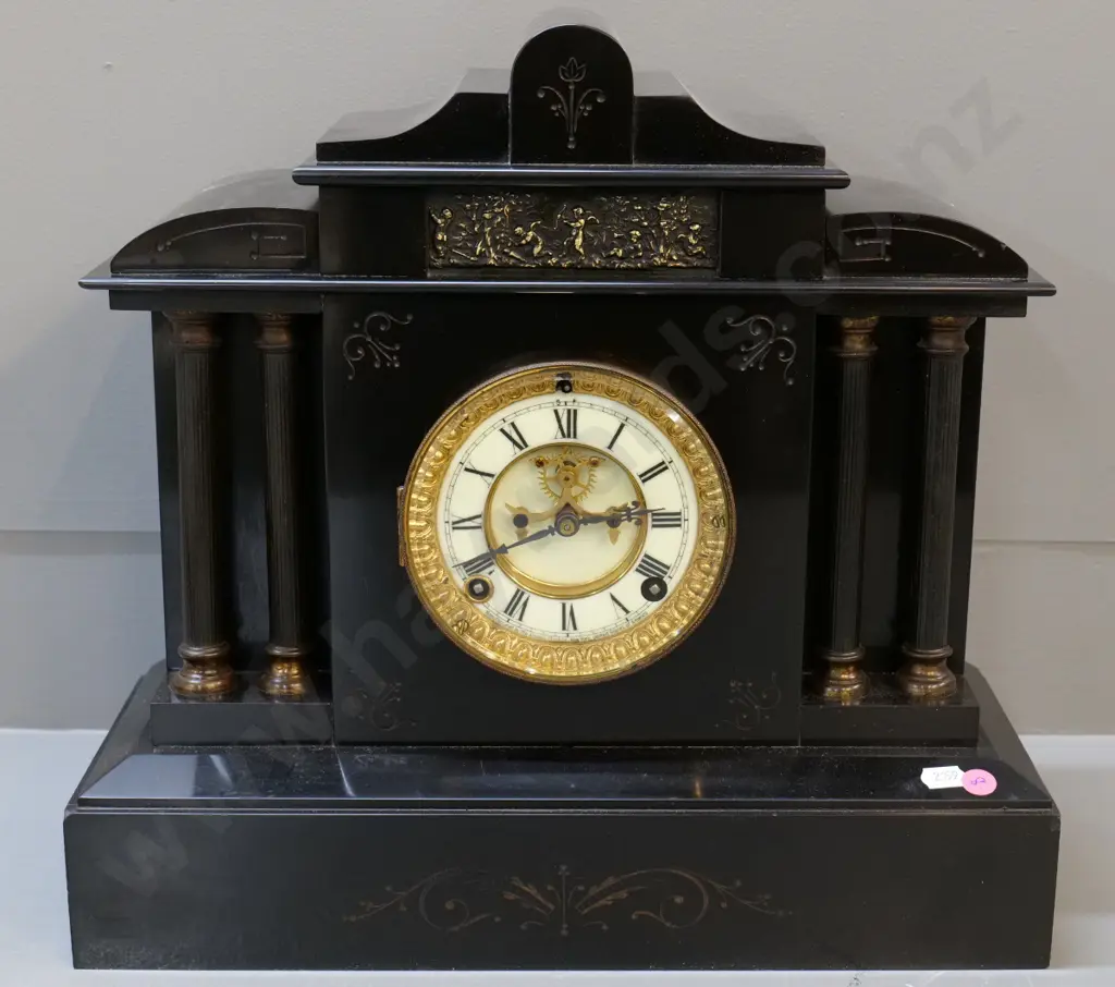 Ansonia slate cased mantel clock with columns H-370 W-390 Image 1++