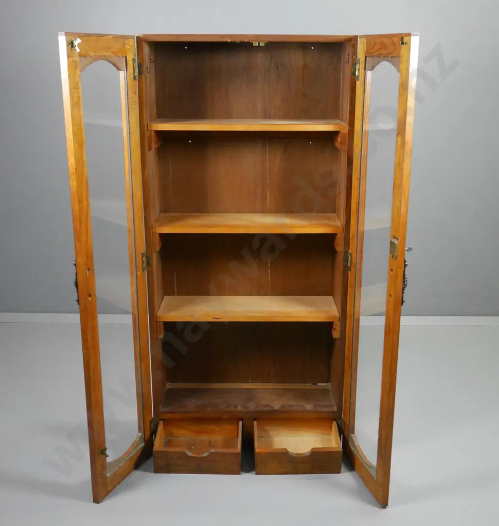 vintage pine glazed 2-door book-case, escutcheons and key, 2 hidden interior drawers H1370 W640 D250 Image 1++