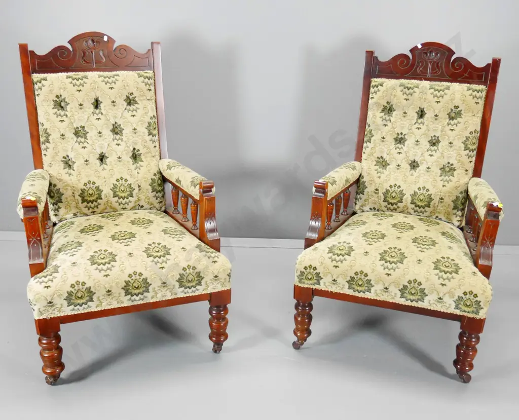pair of Edwardian mahogany armchairs w/ spindle arms, carved detail, porcelain casters, embossed velvet H1100 W650 D680 Image 1++