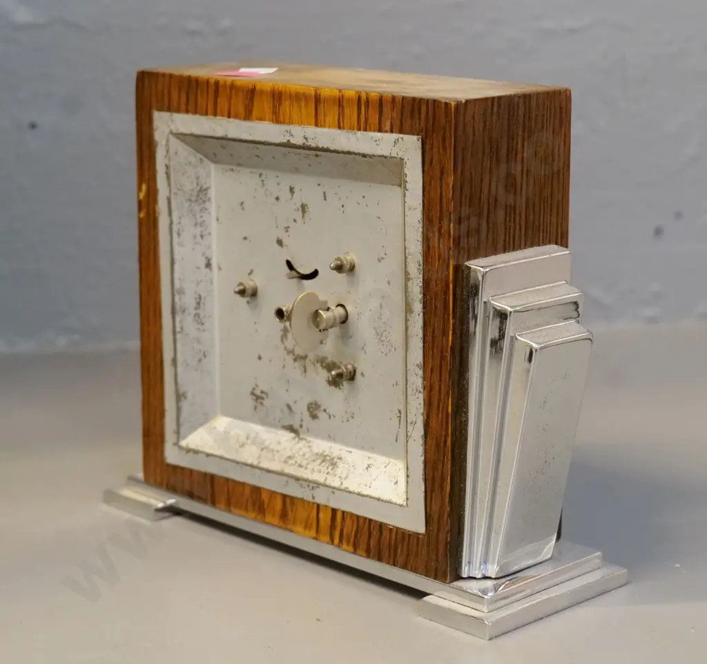 deco oak and chrome small mantel clock - polish needs attention H140 W170 Image 1++