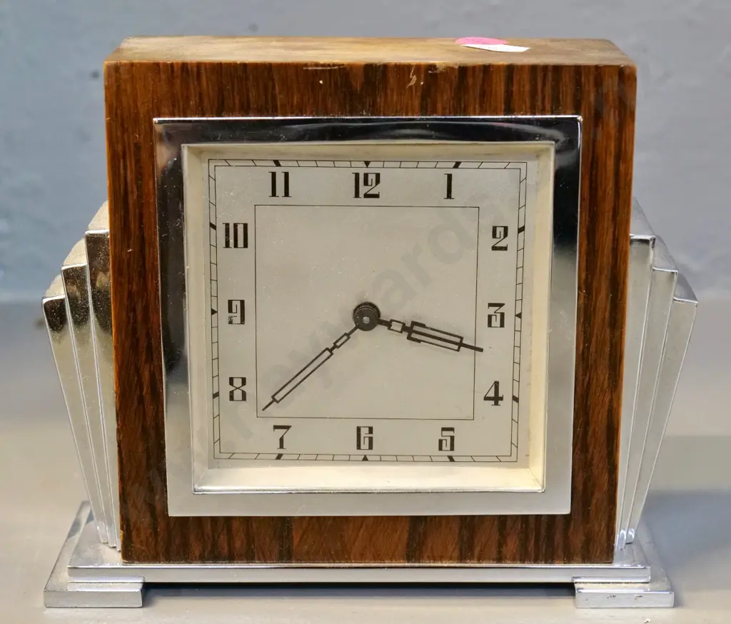 deco oak and chrome small mantel clock - polish needs attention H140 W170 Image 1++