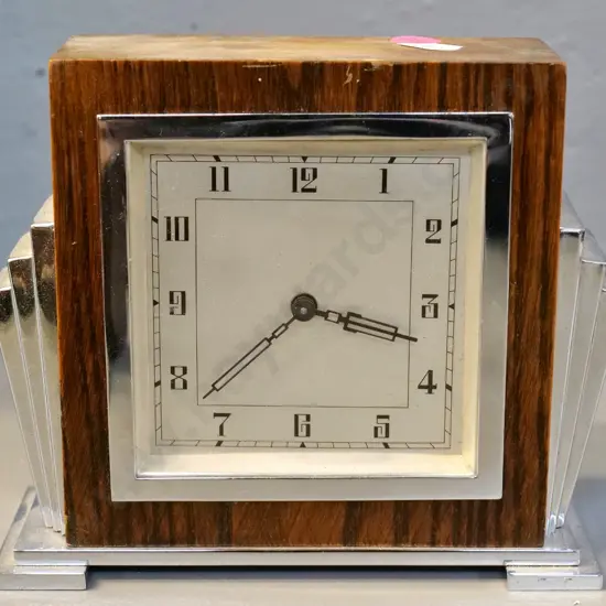 deco oak and chrome small mantel clock - polish needs attention H140 W170