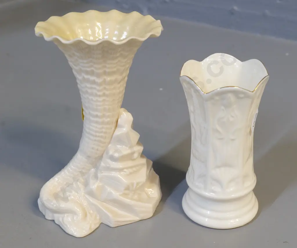 2 Belleek items - green mark nautilus vase H-130 and brown mark small vase Image 1++
