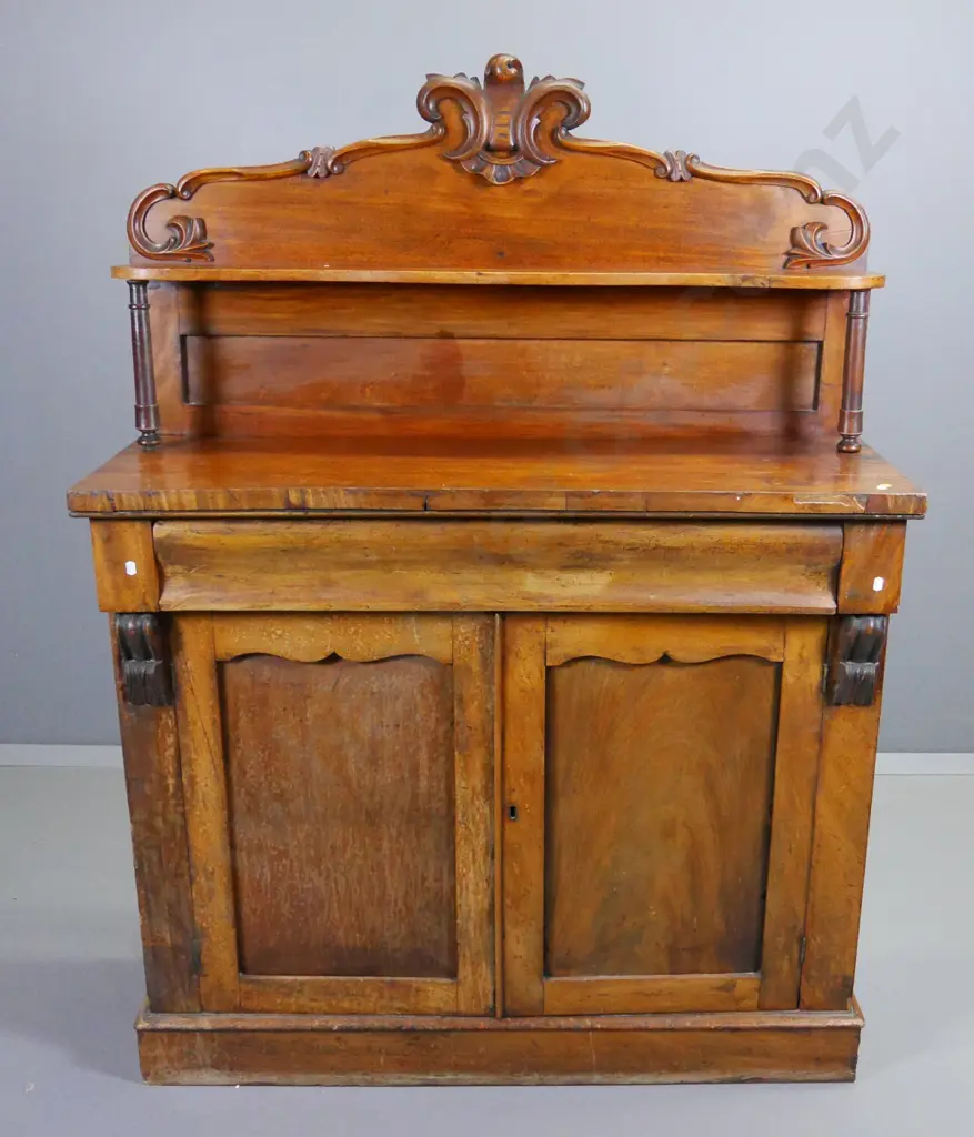 Victorian walnut chiffonier with carved detail, 2 doors, damage to top & veneer, polish needs work H1430 W1070 D400 Image 1++
