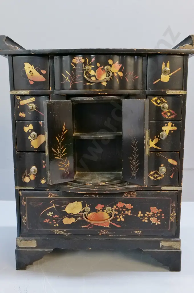 vintage Chinese laquered table cabinet with rotating centre compartment - minor wear H-420 W-330 D-160 Image 1++