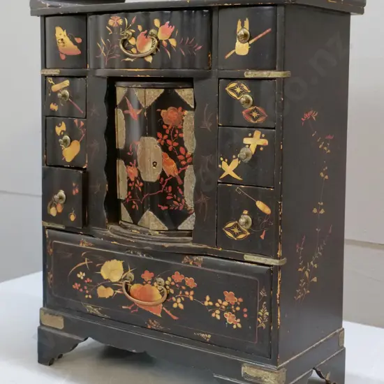 vintage Chinese laquered table cabinet with rotating centre compartment - minor wear H-420 W-330 D-160