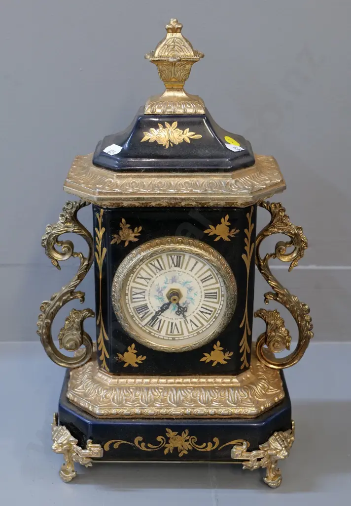 French style porcelain & ormolu mantel clock - working state unknown, one bracket loose, corrosion on back H380 W250 Image 1++