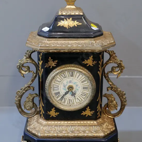 French style porcelain & ormolu mantel clock - working state unknown, one bracket loose, corrosion on back H380 W250