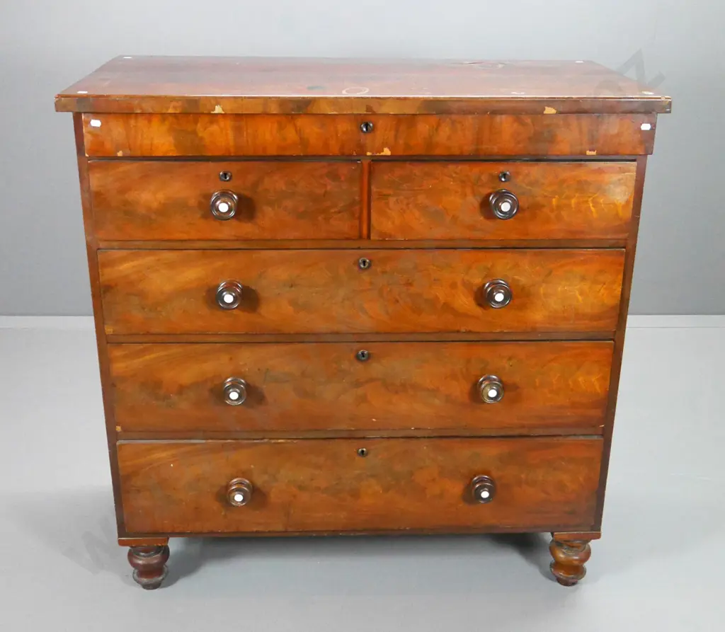Victorian flame mahogany 6-drawer Scotch chest - veneer loss / lifting, polish wear, borer in back H1180 W1150 D550 Image 1++
