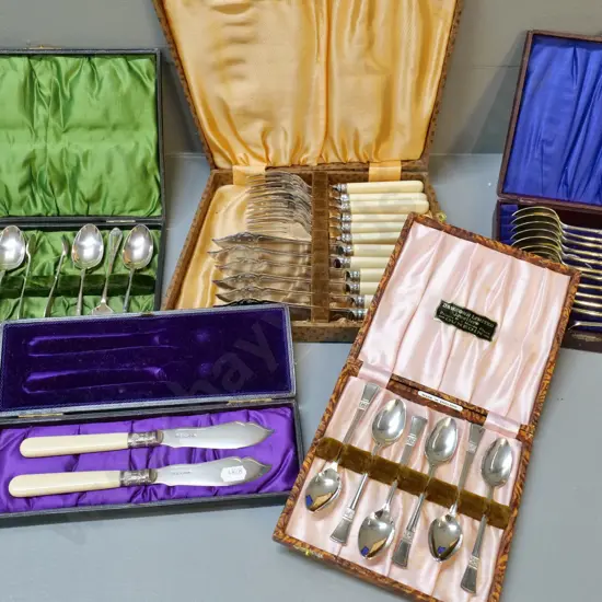 5 cased sets of English plated cutlery including fish knives & forks, set of 12 teaspoons, etc.