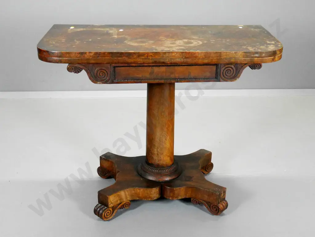 Victorian flip-top games table on column base with 4 scroll feet - polish needs work H730 W900 D900 open Image 1++