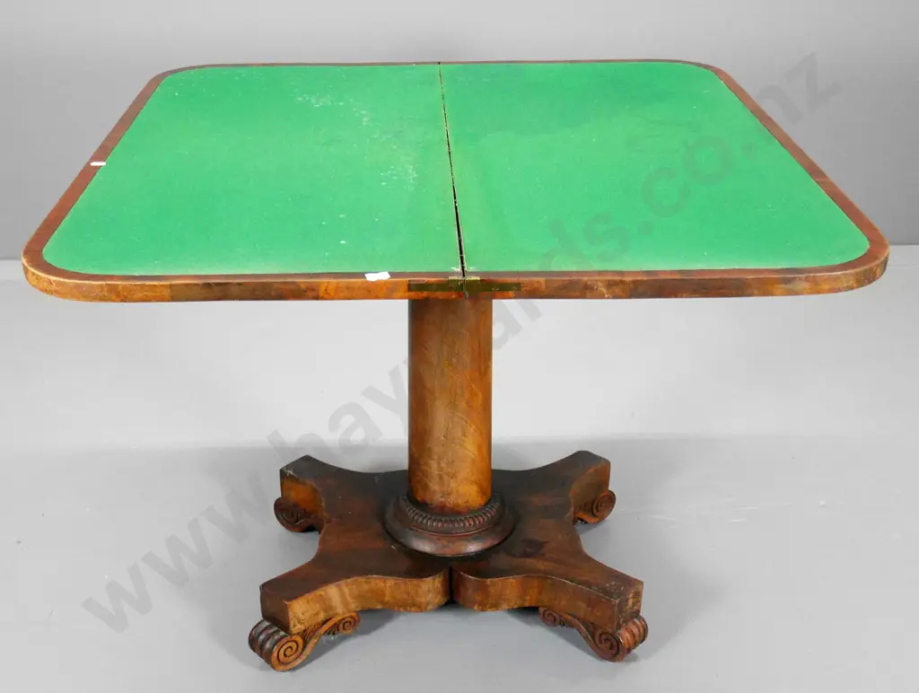 Victorian flip-top games table on column base with 4 scroll feet - polish needs work H730 W900 D900 open Image 1++