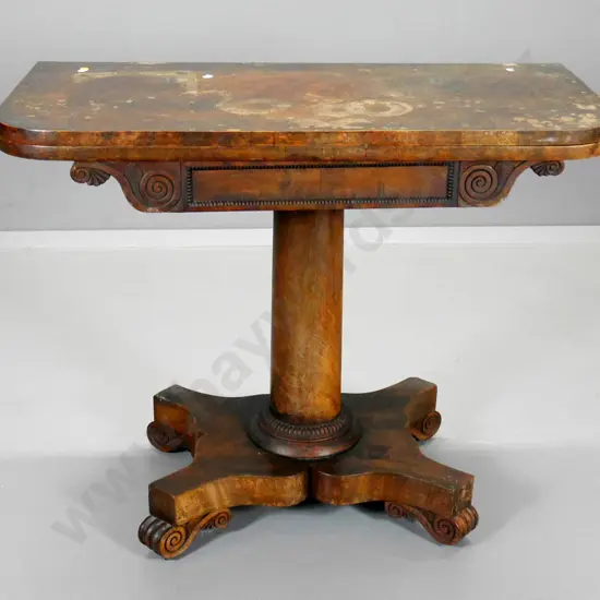 Victorian flip-top games table on column base with 4 scroll feet - polish needs work H730 W900 D900 open