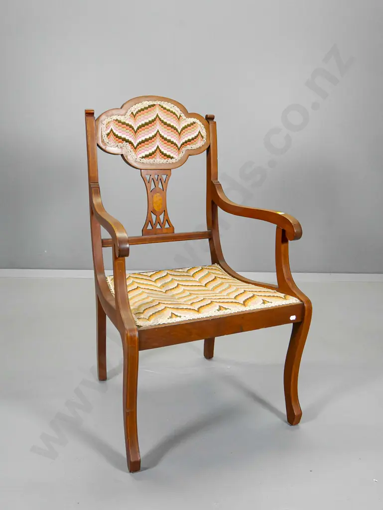 vintage mahogany empire-style occasional chair with fretted back and inlay decoration, crewel upholstery H910 W510 D480 Image 1++