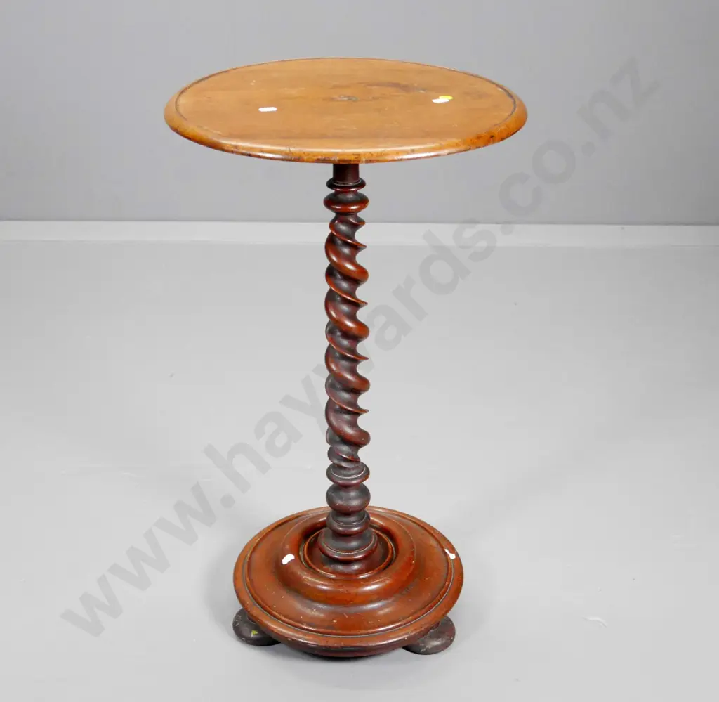vintage walnut round occasional table - barley twist column w/3 bun feet - chip to barley twist section H680 D375 Image 1++