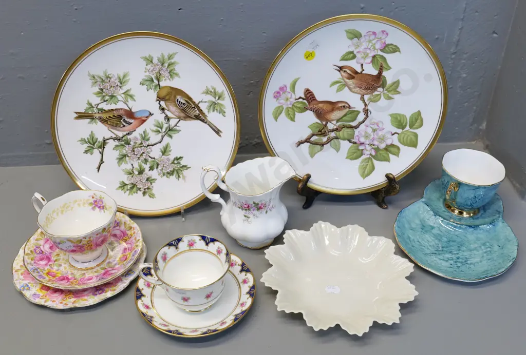 assorted bone china: 2 Spode garden birds plates, Belleek green mark dish, Royal Albert trio, tennis set, jug etc. Image 1++