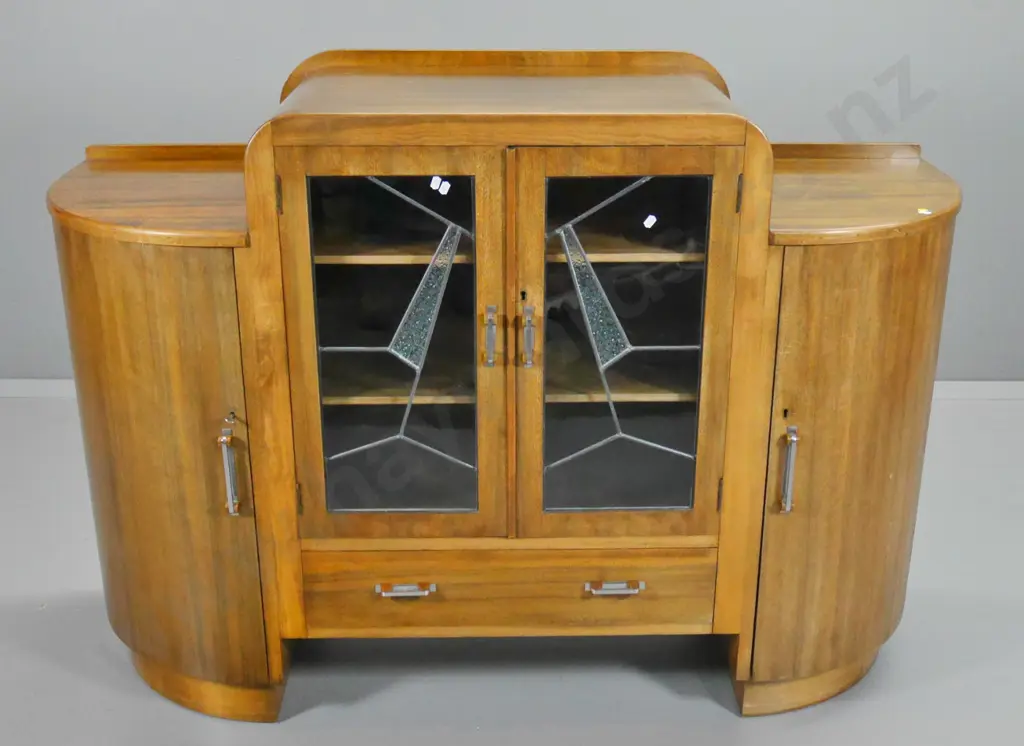 deco mahogany china cabinet / sideboard 2 leadlight & 2 solid rounded doors, bakelite handles, key H1020 W1400 D500 Image 1++