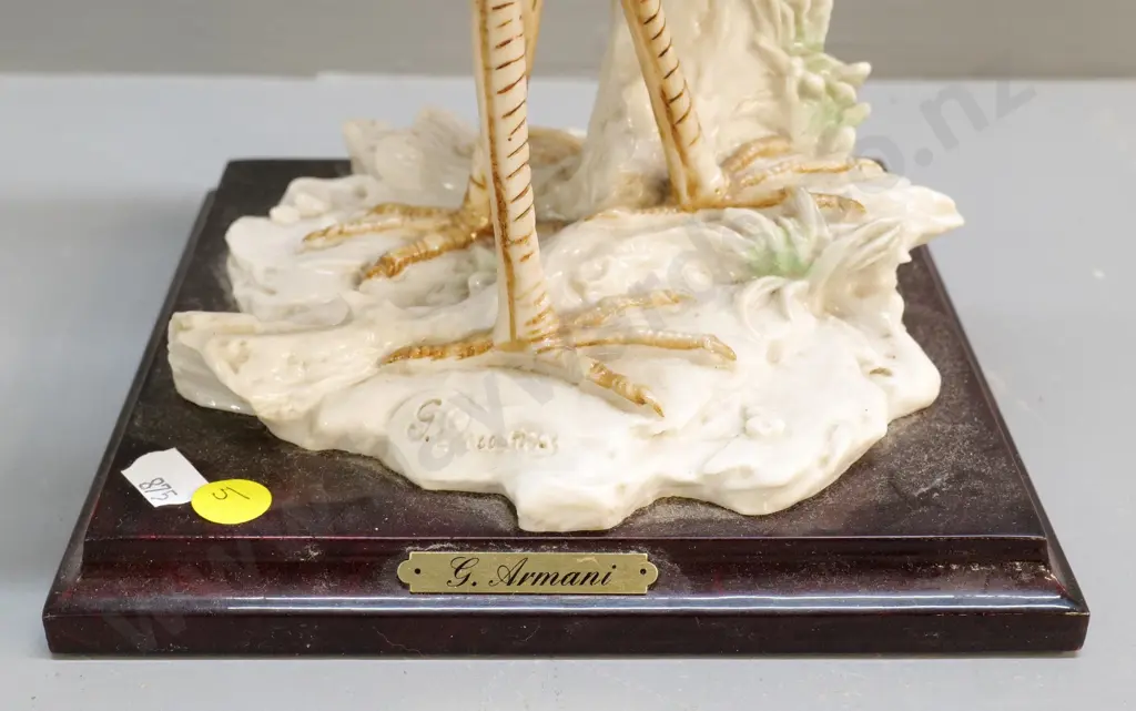 composite heron or egret pair figurine - on wooden base, plaque & stamped w/ G. Armani H-400 Image 1++