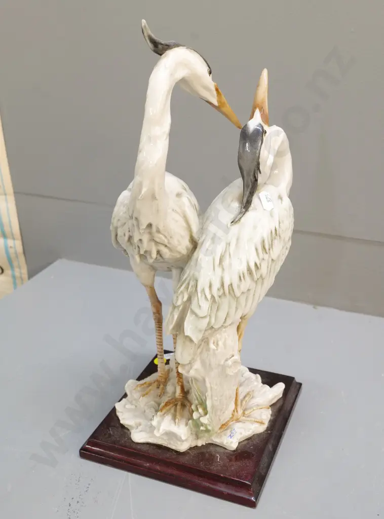 composite heron or egret pair figurine - on wooden base, plaque & stamped w/ G. Armani H-400 Image 1++