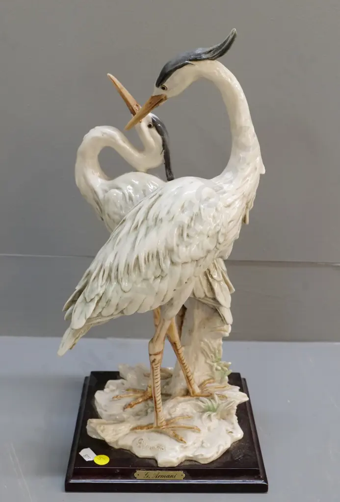 composite heron or egret pair figurine - on wooden base, plaque & stamped w/ G. Armani H-400 Image 1++