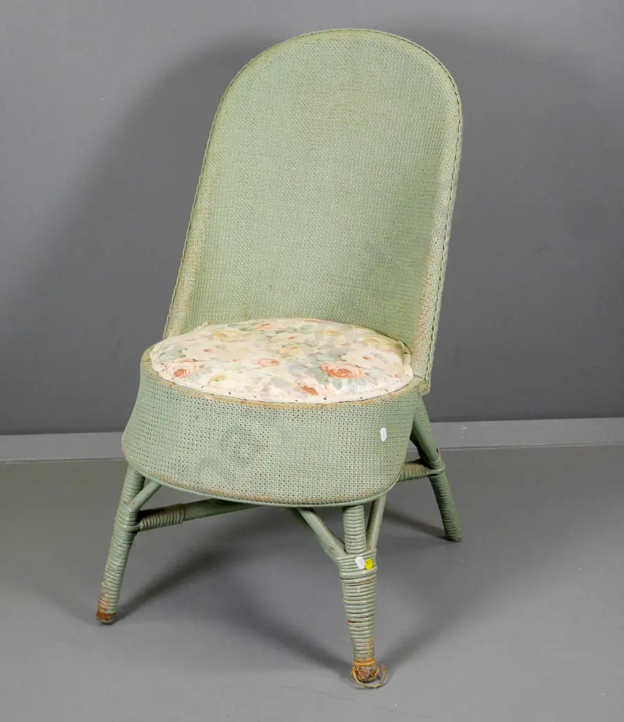 vintage Lusty Lloyd Loom style chair with floral fabric seat, some unravelling on leg, paint wear H-780 W-430 D-530 Image 1++