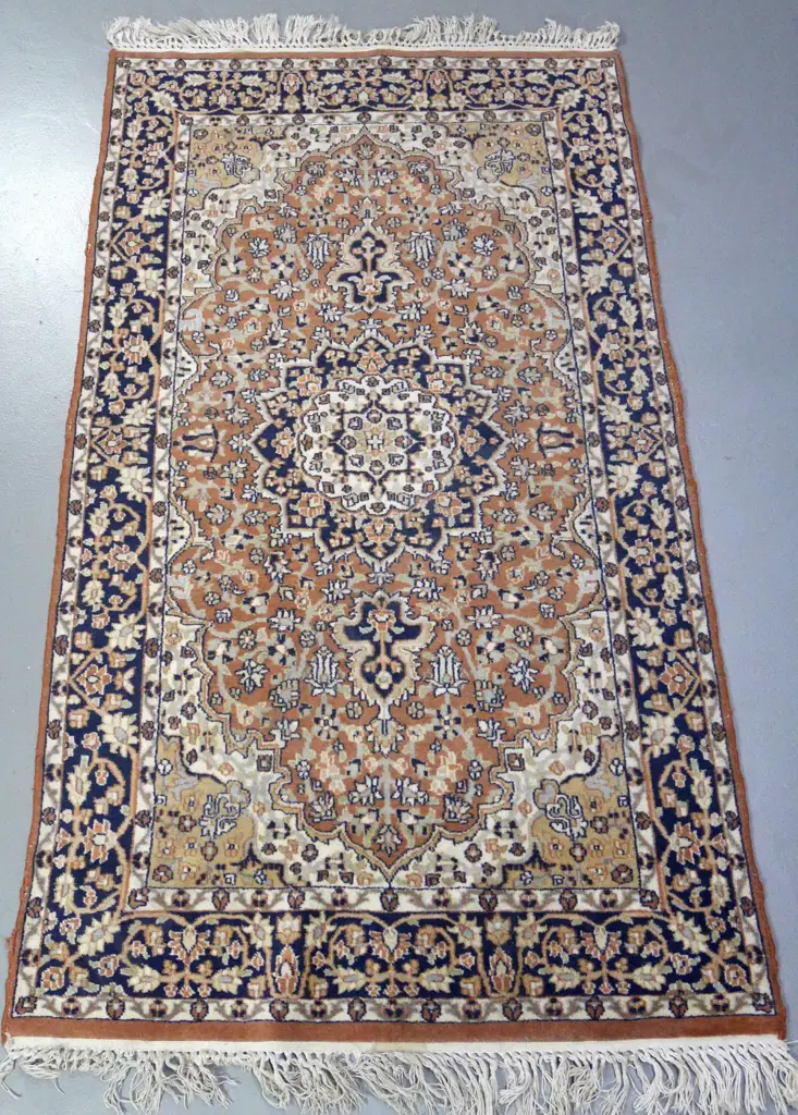 Persian style wool floor rug - taupe, cream and navy - L1630 W930 Image 1++
