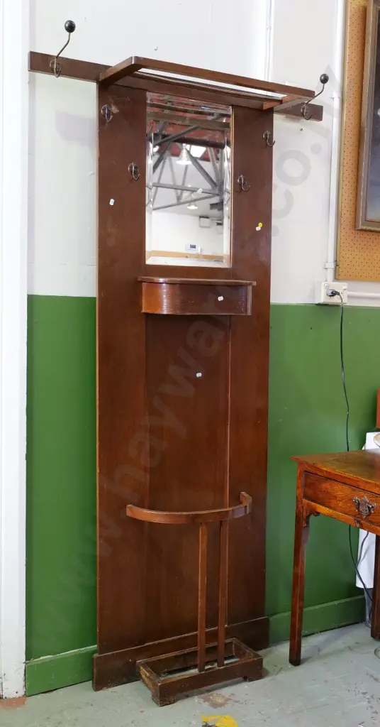 deco oak hall stand with bevelled mirror, umbrella holder, lidded compartment, 6 hooks H-1850 W-1000 D-200 Image 1++