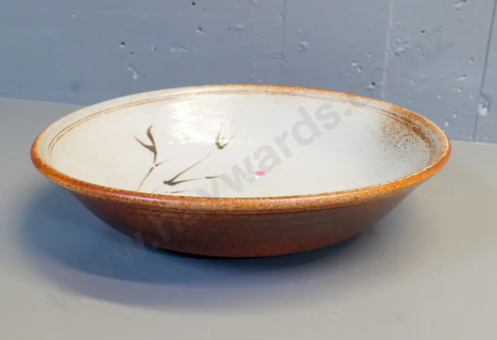 large studio pottery shallow bowl with grass motif - no maker's mark - H-100 Diameter 430 Image 1++