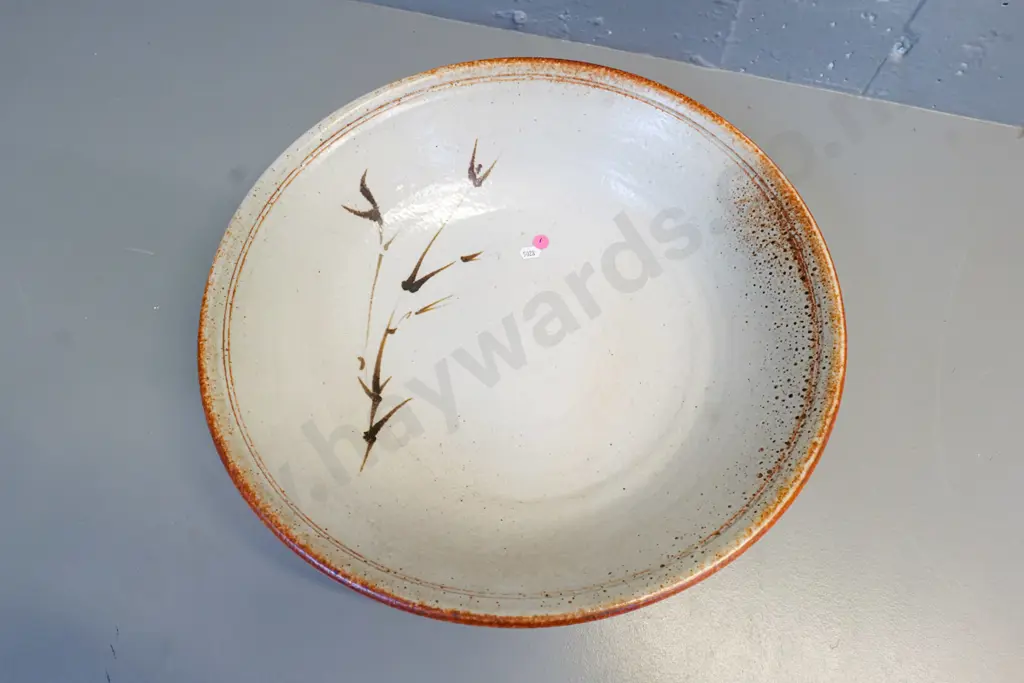large studio pottery shallow bowl with grass motif - no maker's mark - H-100 Diameter 430 Image 1++