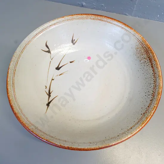 large studio pottery shallow bowl with grass motif - no maker's mark - H-100 Diameter 430