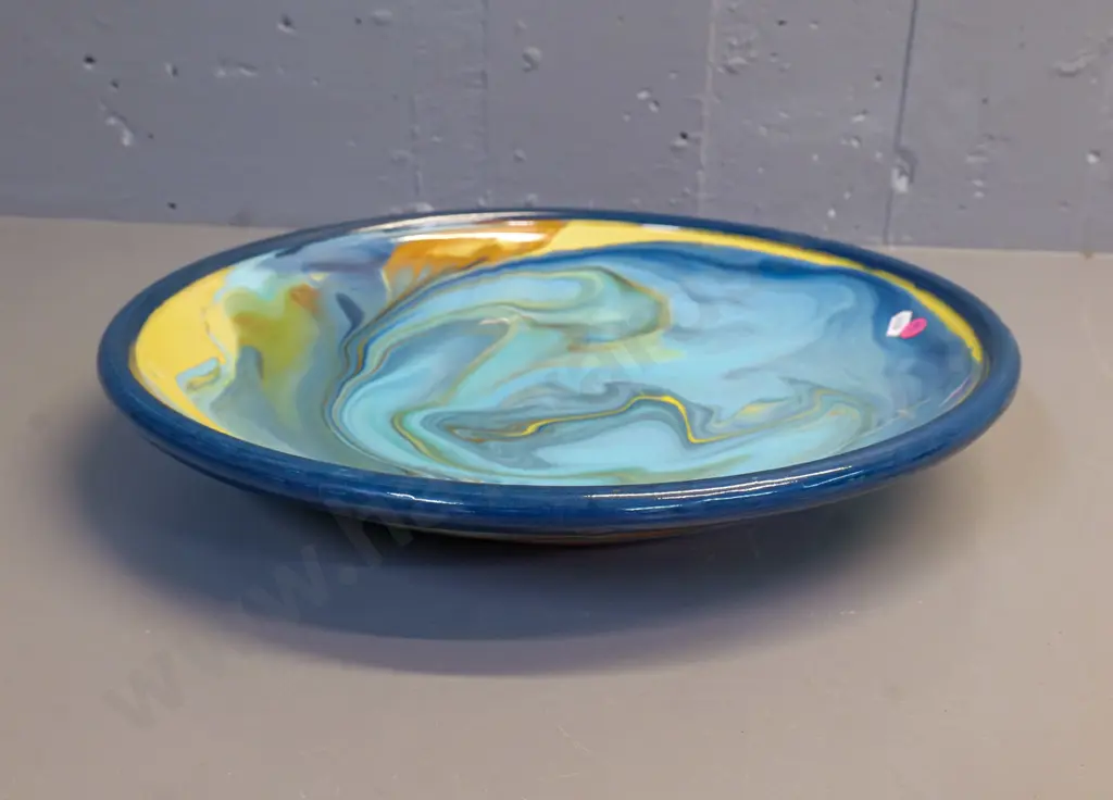 large studio pottery shallow bowl - multi colour swirl, some crazing - unknown maker's mark H-70 Diameter 400 Image 1++