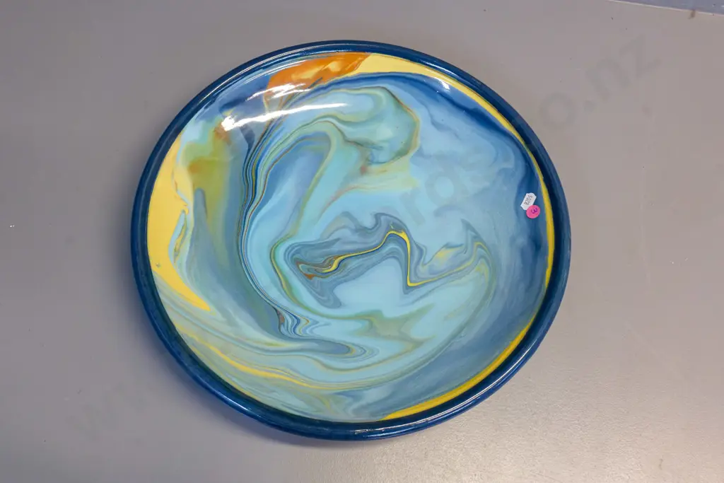 large studio pottery shallow bowl - multi colour swirl, some crazing - unknown maker's mark H-70 Diameter 400 Image 1++