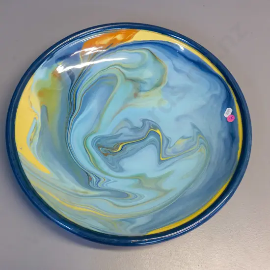 large studio pottery shallow bowl - multi colour swirl, some crazing - unknown maker's mark H-70 Diameter 400