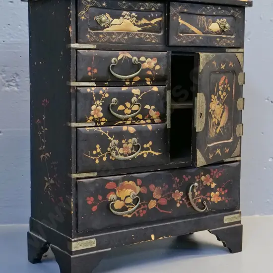 vintage Chinese laquered table cabinet - split in top, missing handles, some damage H-390 W-315 D-150