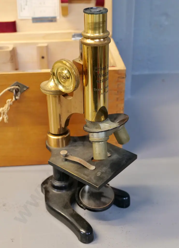 Ernst Leitz Wetzlar brass microscope & fitted wooden case, with extra eyepiece - engraved Otago University Anatomy H-300 Image 1++