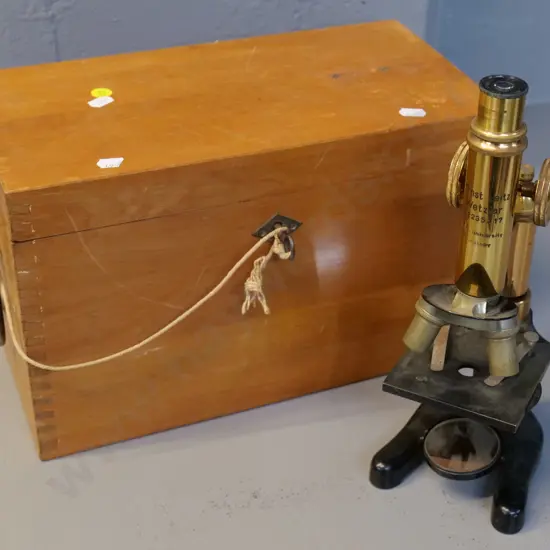 Ernst Leitz Wetzlar brass microscope & fitted wooden case, with extra eyepiece - engraved Otago University Anatomy H-300