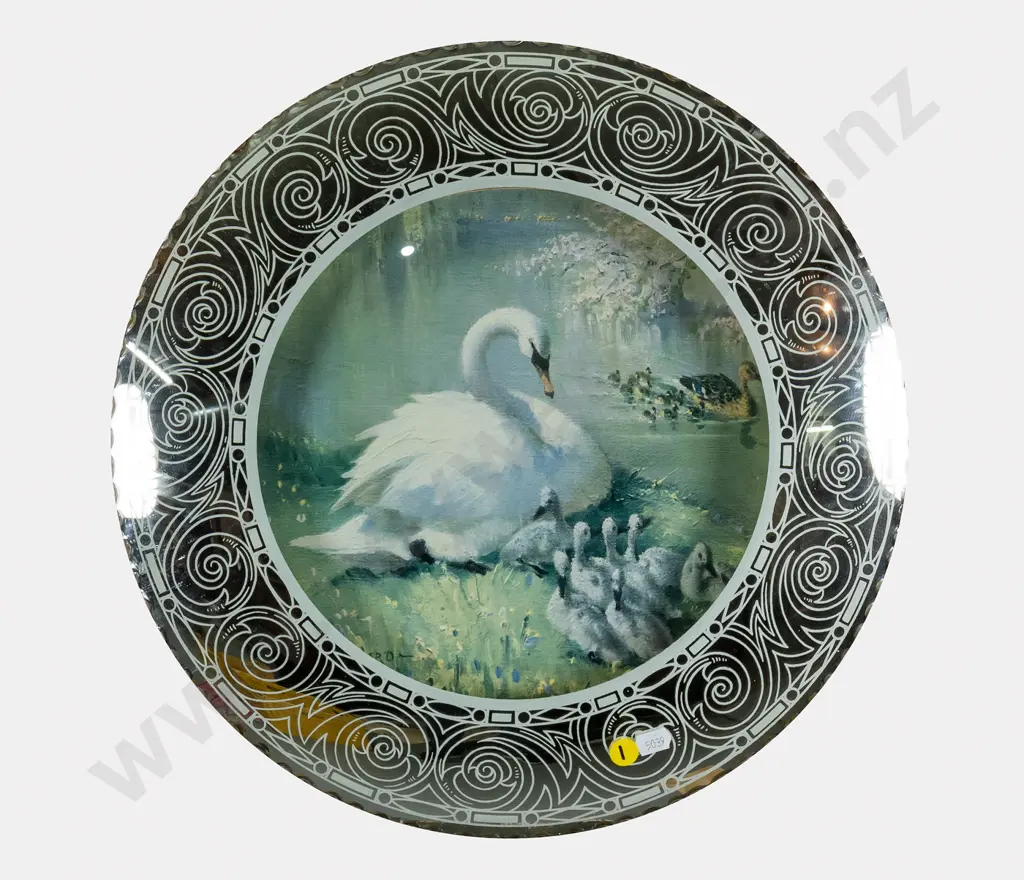 circular convex wall mirror with swan print Diam-400 Image 1++