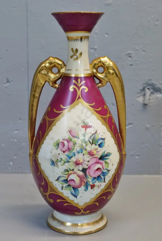 Limoges hand-painted double handled ruby and gilt vase H335 W160 Image 1++