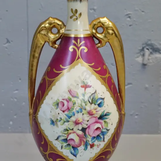 Limoges hand-painted double handled ruby and gilt vase H335 W160