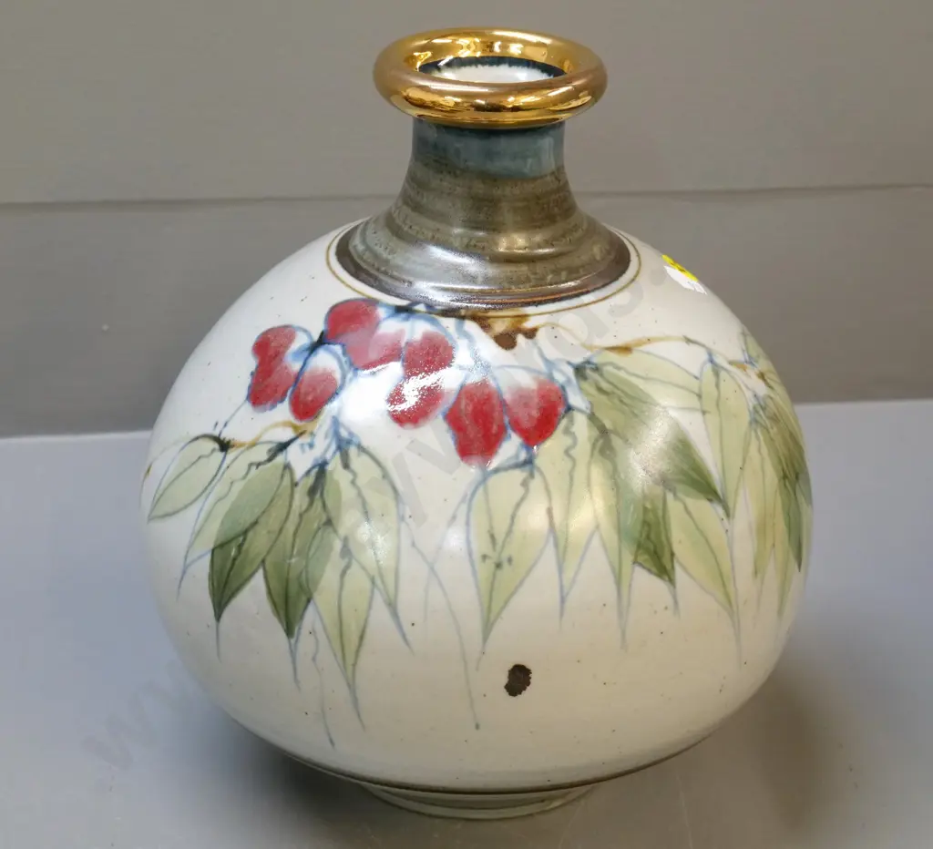 Neil Grant pottery vase with gold rim - has dark under-glaze fault H-250 D-250 Image 1++