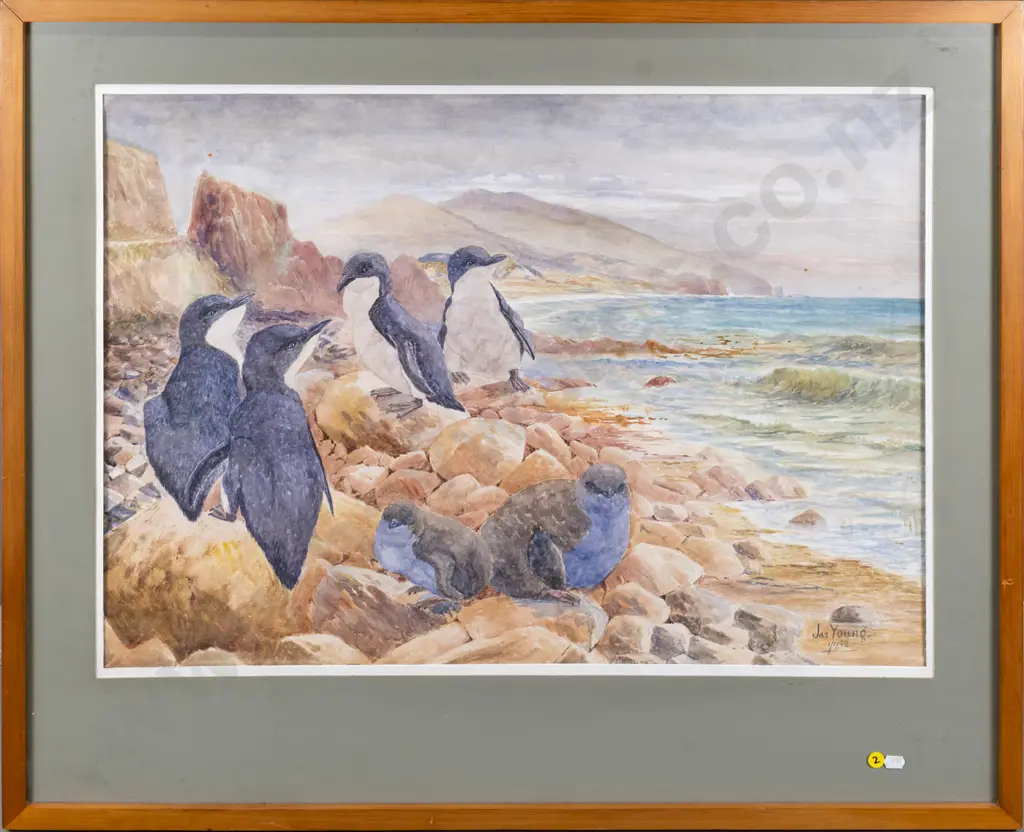 Jas Young '98 - framed watercolour - penguins H-500 W-710 (slight foxing) Image 1++