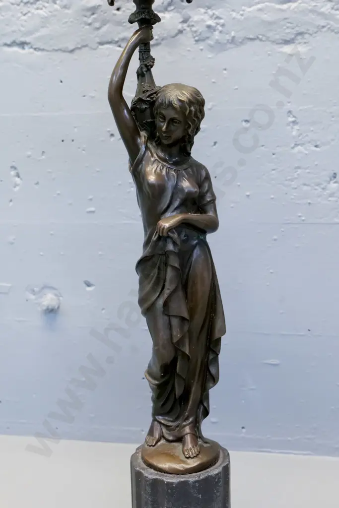 cast metal figural 5-light candle holder on black stone base - candle holders wobbly, slight bend at top. H740 Image 1++