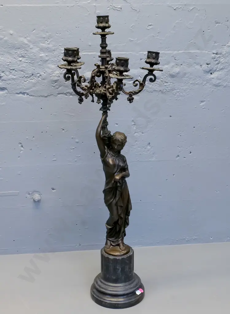 cast metal figural 5-light candle holder on black stone base - candle holders wobbly, slight bend at top. H740 Image 1++