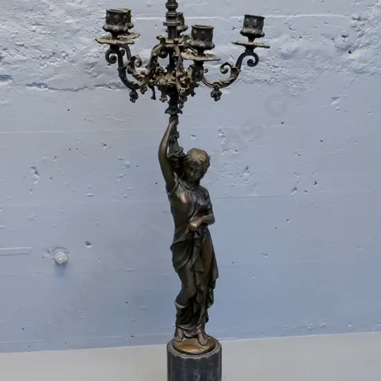 cast metal figural 5-light candle holder on black stone base - candle holders wobbly, slight bend at top. H740